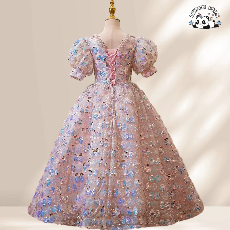 LEZONKIDS - 2024 Fashion Sequined Beading Boutique Flower Girls' Dresses Children Evening Party Dress
